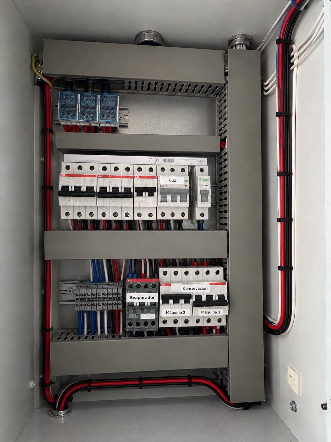 Tablero de distribución y control con cableado peinado y circuitos etiquetados
